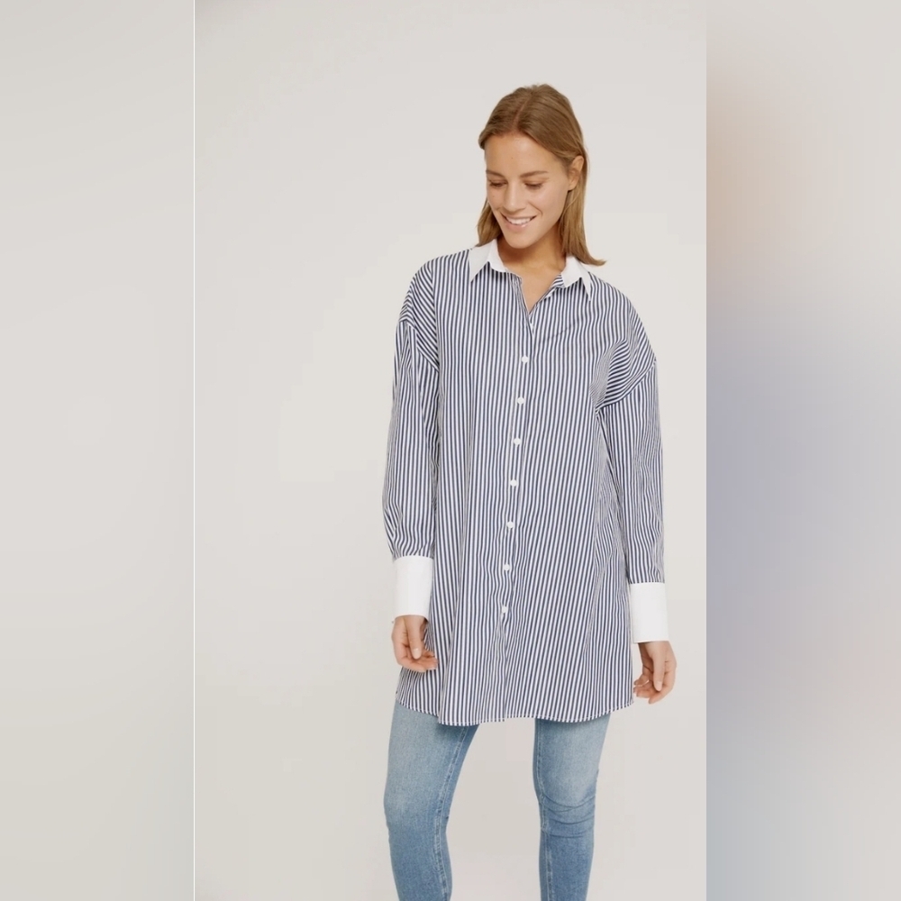 NWT! Harshman,Justine Striped Button-Down Tunic, Navy Stripes,Size XS -MSRP $205 - Picture 2 of 8